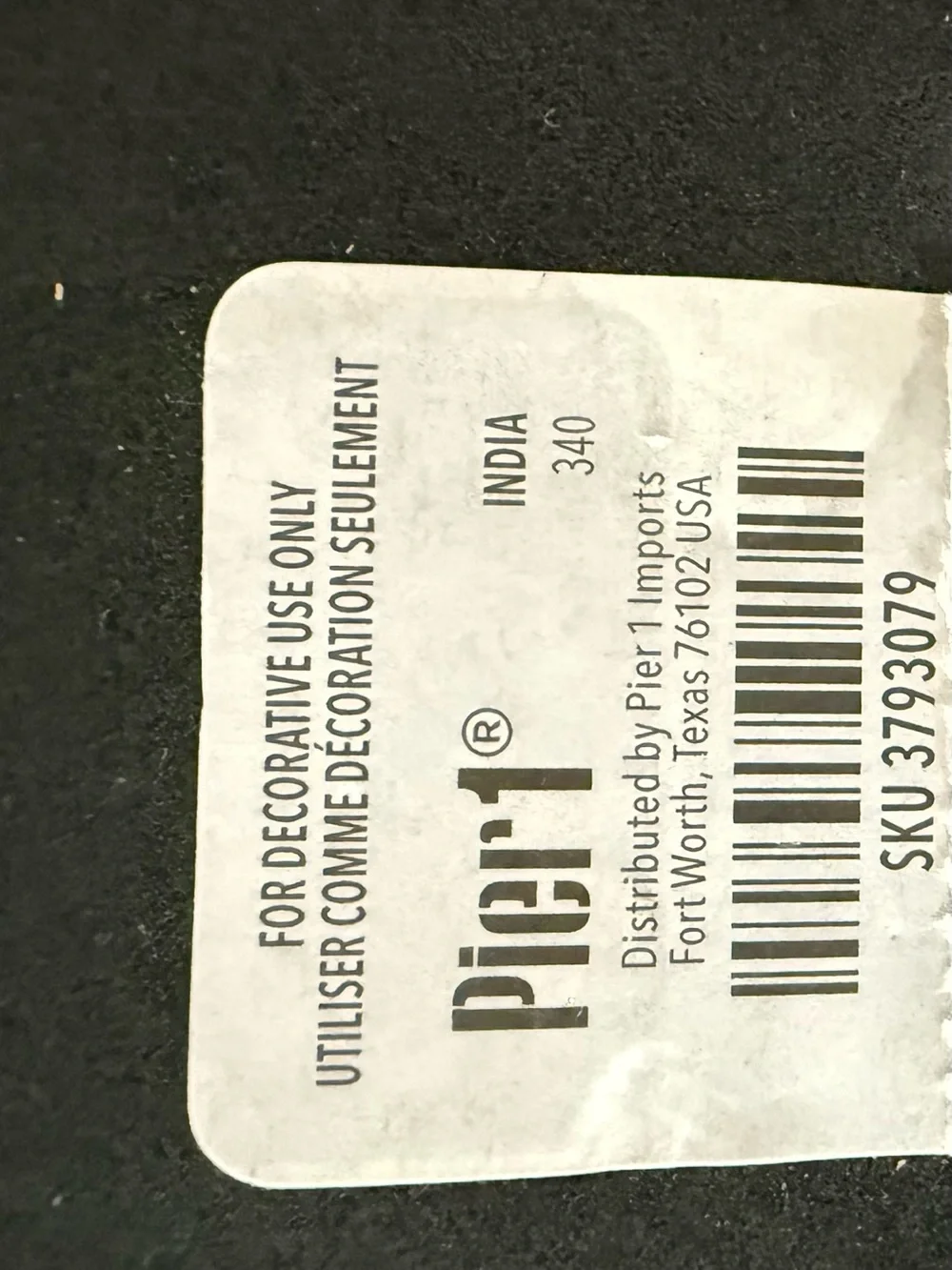 Pier 1 Black and White Decorative Label Plaque